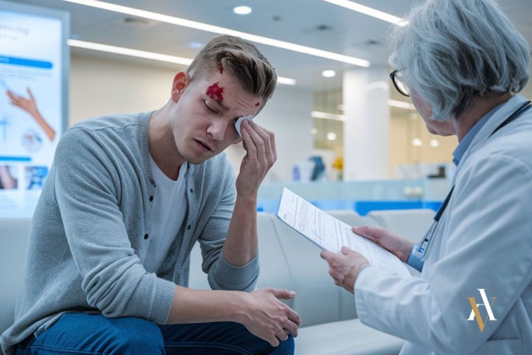 Hombre en un hospital con una lesion leve en la ceja, ha sido víctima de delito de lesiones leves. El juicio delito leve lesiones tiene sus peculiaridades la denuncia por lesiones leves debe ponerse ante la policia. Abogado experto en delito de lesiones
