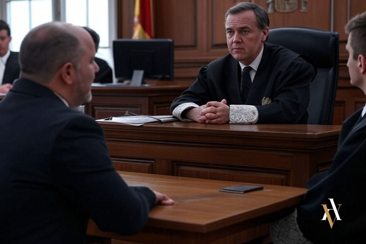 Abogado juicio delito leve Fotografía de un juicio por delito leve en un tribunal español. Un juez con toga preside la vista, mientras un abogado penalista y su cliente escuchan atentamente. En el fondo, se observa la bandera de España y detalles del Juzgado de Instrucción. La imagen refleja la seriedad y formalidad del proceso judicial, donde la asistencia de un abogado defensor puede ser clave para un resultado favorable.