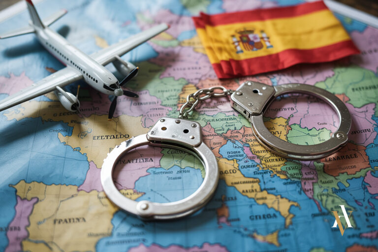 Mapa de Europa con avión, esposas y bandera de España representando los recursos en el procedimiento de extradición