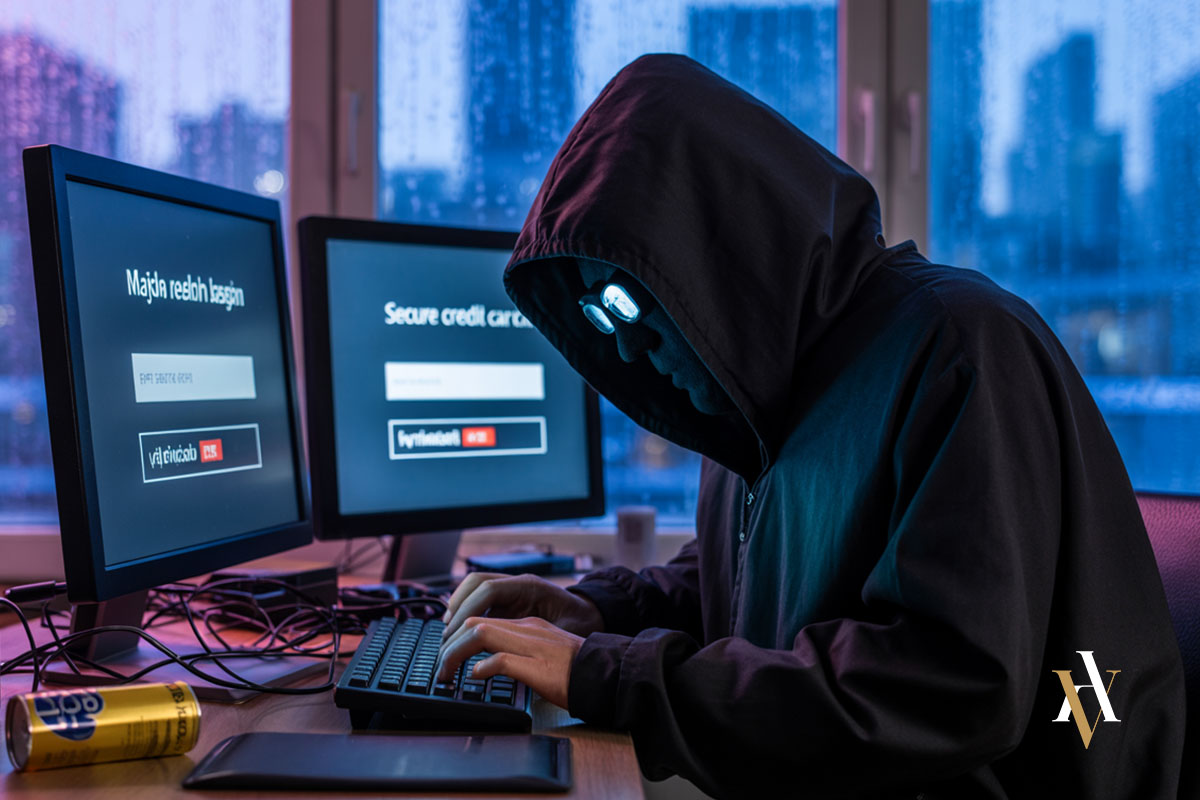 Persona encapuchada simulando a un ciberdelincuente operando frente a varios ordenadores con páginas falsas, representando un ataque de phishing dirigido a una víctima.