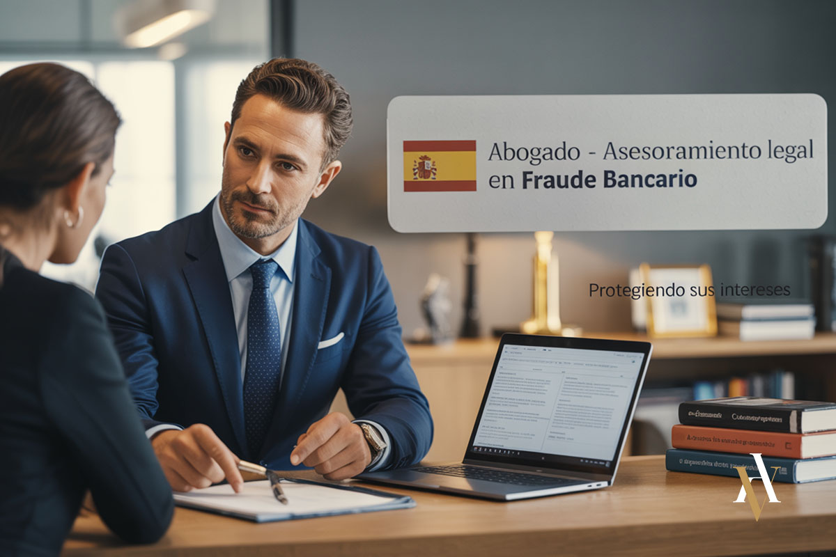 Abogado experto en fraude bancario atendiendo a una víctima de phishing, ofreciendo asesoramiento legal para recuperar su dinero.