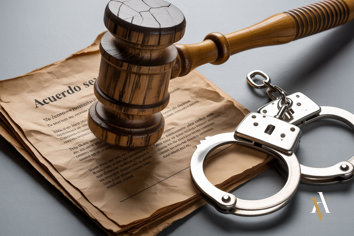 Acuerdo sexual con mazo judicial y esposas Imagen conceptual que muestra un mazo judicial sobre un documento arrugado titulado “Acuerdo sexual”, acompañado de unas esposas. Representa la invalidez jurídica de los pactos sexuales y la intervención del Derecho penal en delitos contra la libertad sexual.