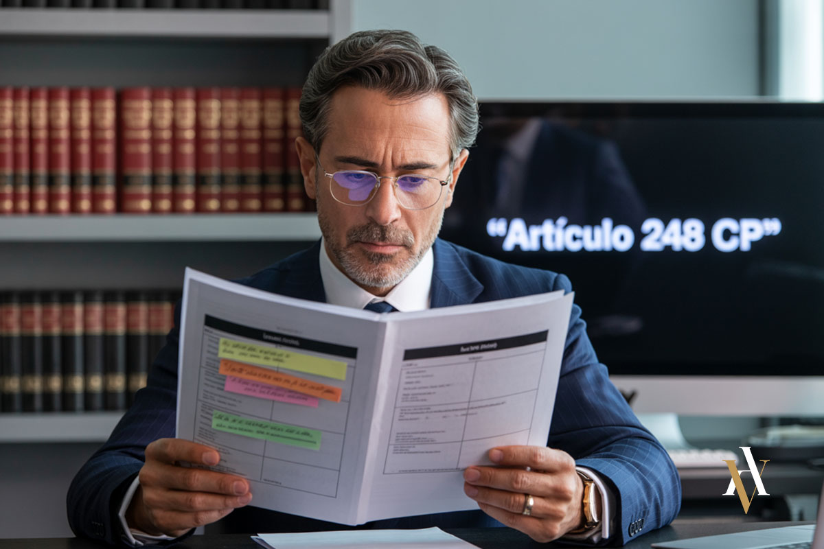 Abogado especialista en estafas analizando documentos legales frente a una pantalla con el artículo 248 CP, en un contexto de estafa por omisión.