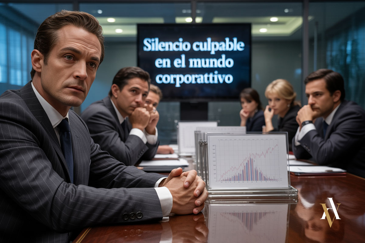 Reunión corporativa con un ejecutivo en silencio que conoce información crucial, ilustrando una estafa por omisión en el ámbito empresarial.
