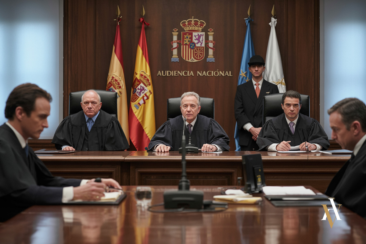 Abogado audiencia nacional extradicion Vista judicial en la Audiencia Nacional de España con jueces deliberando sobre un caso de extradición internacional.
