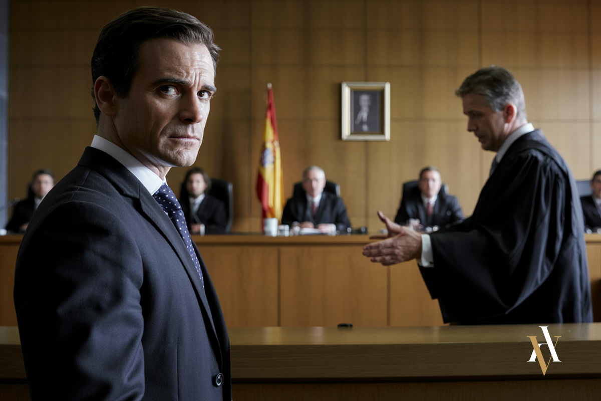 Sala de juicio con acusado y abogado defensor Hombre en traje, acusado por delito fiscal, mira con preocupación en una sala de juicio en España. Al fondo, su abogado defensor argumenta ante un tribunal compuesto por varios jueces y presidido por la bandera española. Escena realista y solemne de juicio penal económico.