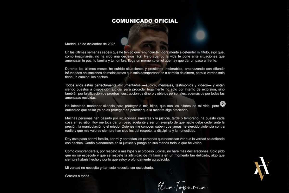 Comunicado oficial de Ilia Topuria Comunicado oficial de Ilia Topuria publicado en redes sociales el 15 de diciembre de 2025, en el que anuncia su retirada temporal y explica la situación judicial que está afrontando.