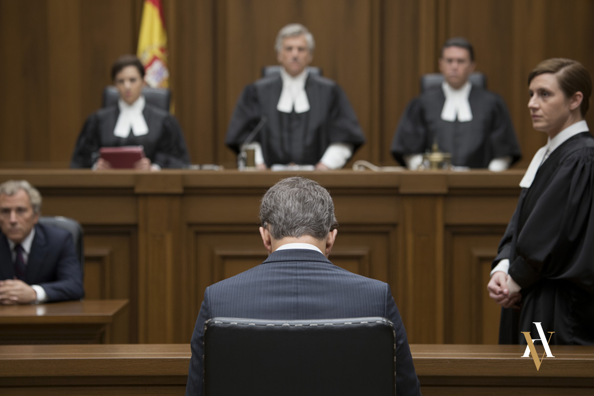 Juicio por agresión sexual Juicio por relación consentida y agresión sexual en España, con acusado sentado en el banquillo ante un tribunal de magistrados.