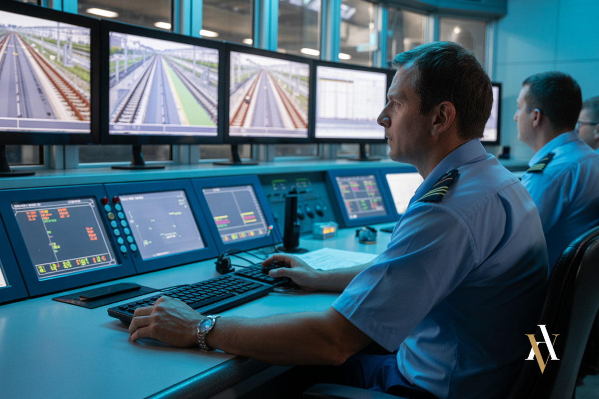 Responsabilidad de directivos y control técnico en accidentes ferroviarios y homicidio imprudente Centro de control ferroviario con operadores supervisando líneas y sistemas de seguridad en el contexto de un accidente ferroviario y posibles responsabilidades por homicidio imprudente.