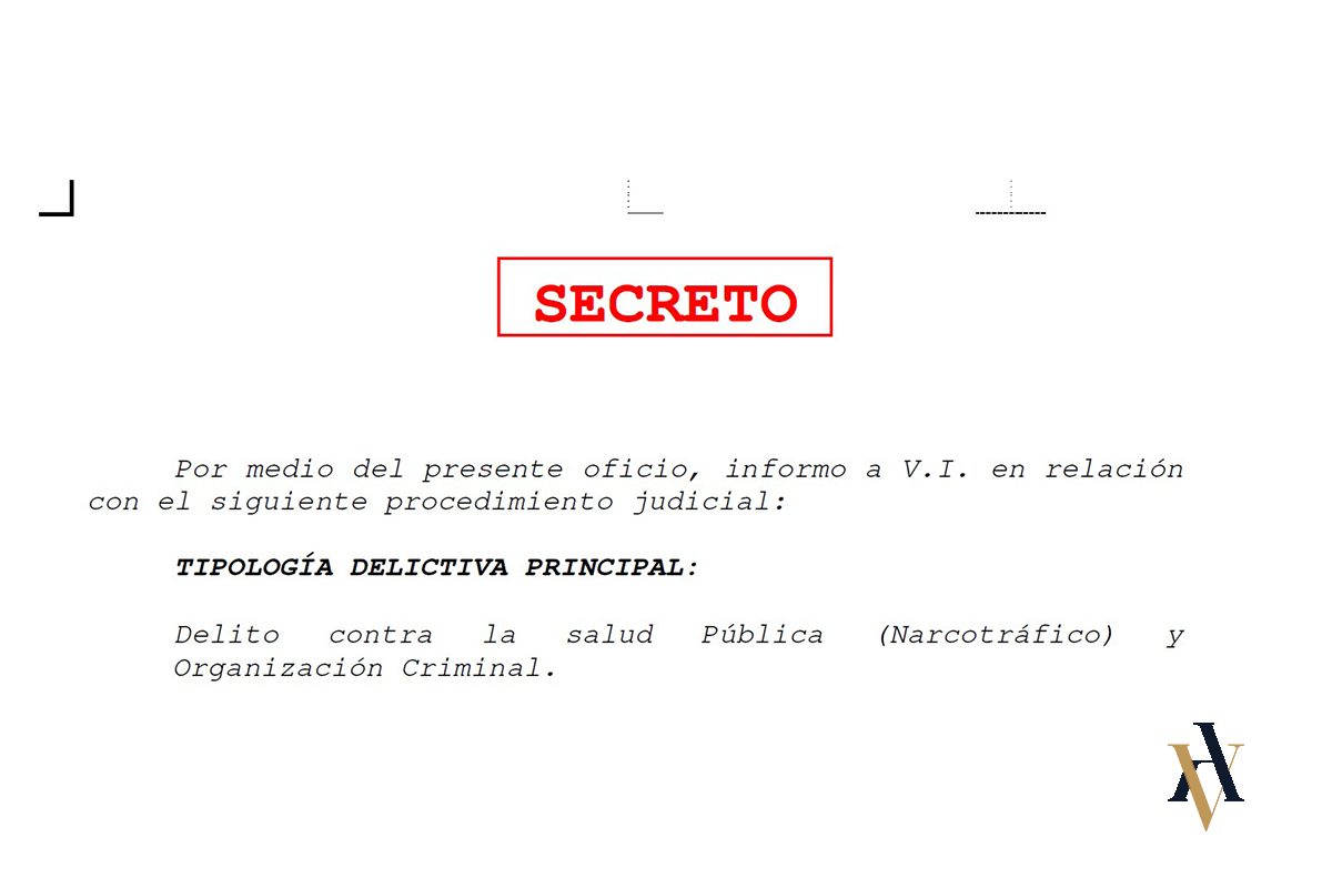 Causa secreta abogado penalista narcotrafico Documento judicial bajo secreto de sumario en investigación por narcotráfico y organización criminal relacionado con pruebas esenciales para prisión provisional.