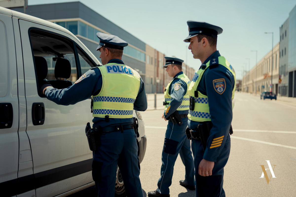 Intervención policial por tráfico de drogas en España Agentes de policía inspeccionando una furgoneta en una operación contra el tráfico de drogas en España