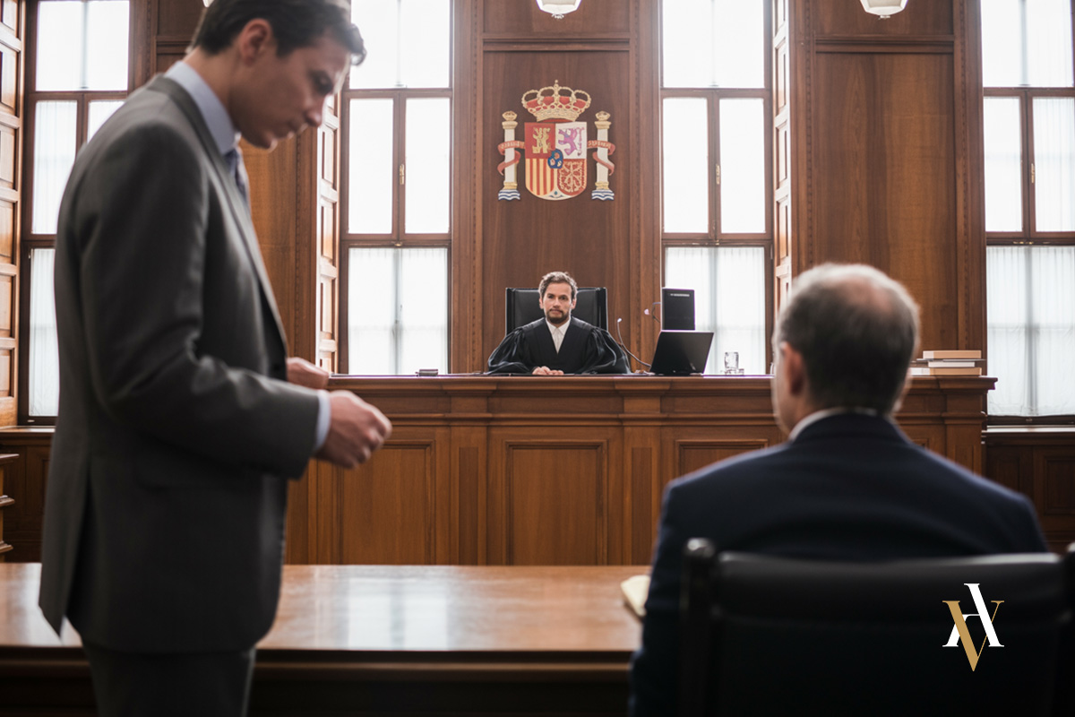 Juicio por tráfico de drogas en España Sala de juicios en España con juez, abogado penalista y acusado en un procedimiento por tráfico de drogas