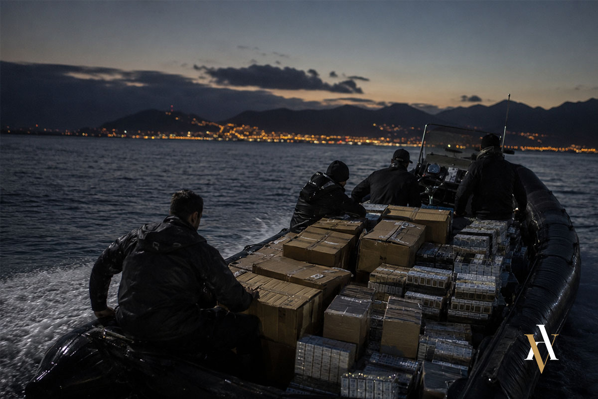 contrabando-tabaco-lancha-espana Lancha con cajas de tabaco de contrabando navegando de noche cerca de la costa en una operación clandestina.