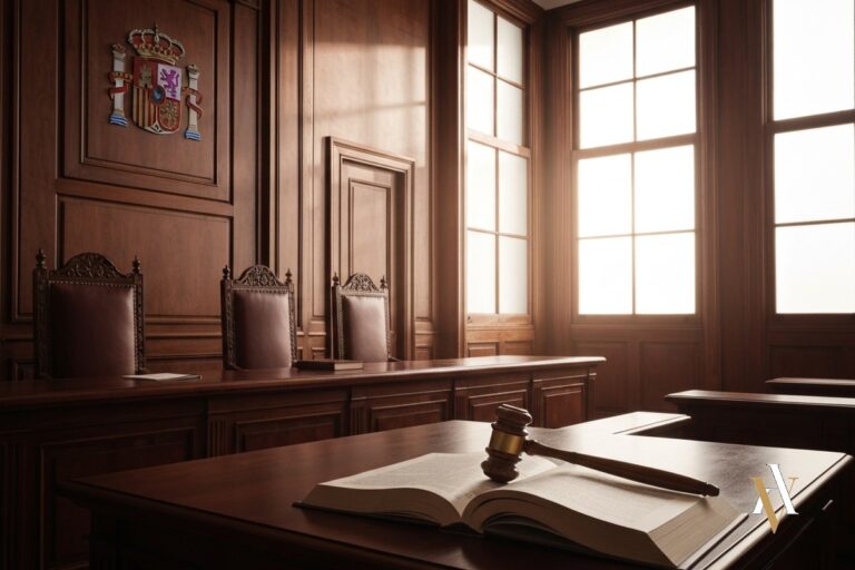 Sala de vistas vacia de una Audiencia Provincial espanola con Codigo Penal y mazo - recurso de apelacion penal