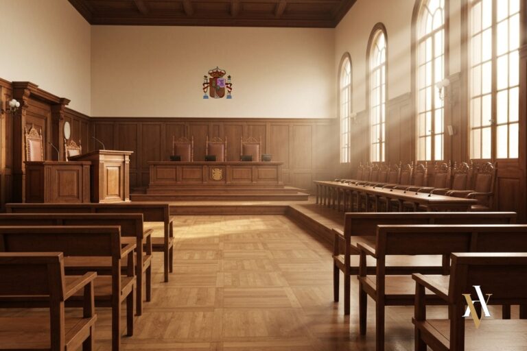 Sala de vistas española vacía con estrado del juez y banco del jurado preparados para juicio del Tribunal del Jurado