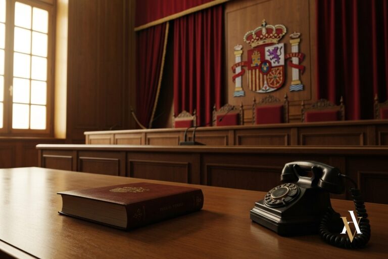 Sala de vistas del Tribunal Supremo con telefono antiguo y codigo penal sobre mesa, escudo de Espana al fondo