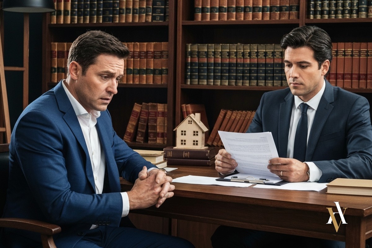 Persona denunciada por estafa inmobiliaria en consulta con su abogado penalista Persona denunciada por estafa inmobiliaria en consulta con su abogado penalista