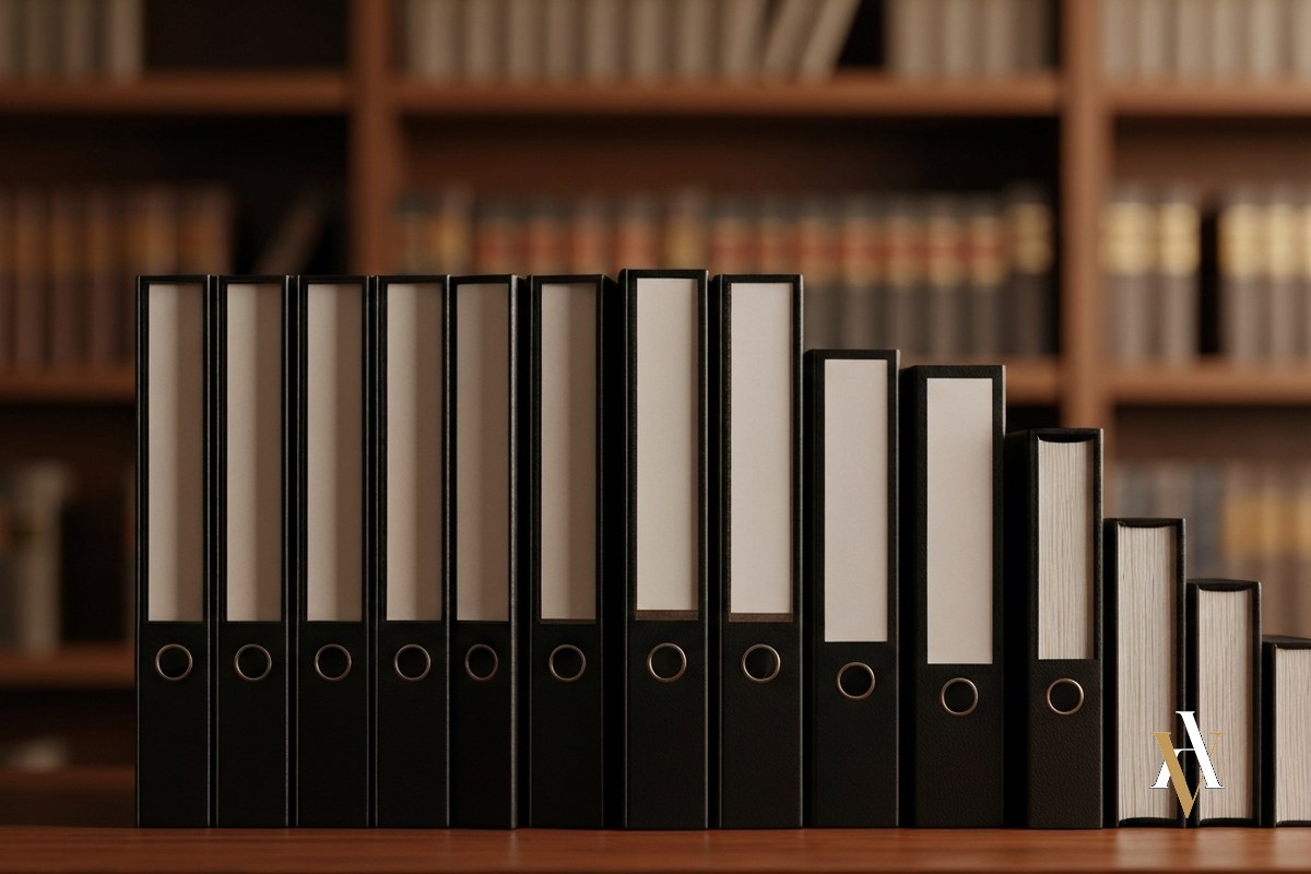 Las cinco fases del procedimiento penal en España Archivadores ordenados sobre la mesa de un juzgado: instrucción, fase intermedia, juicio oral y recursos