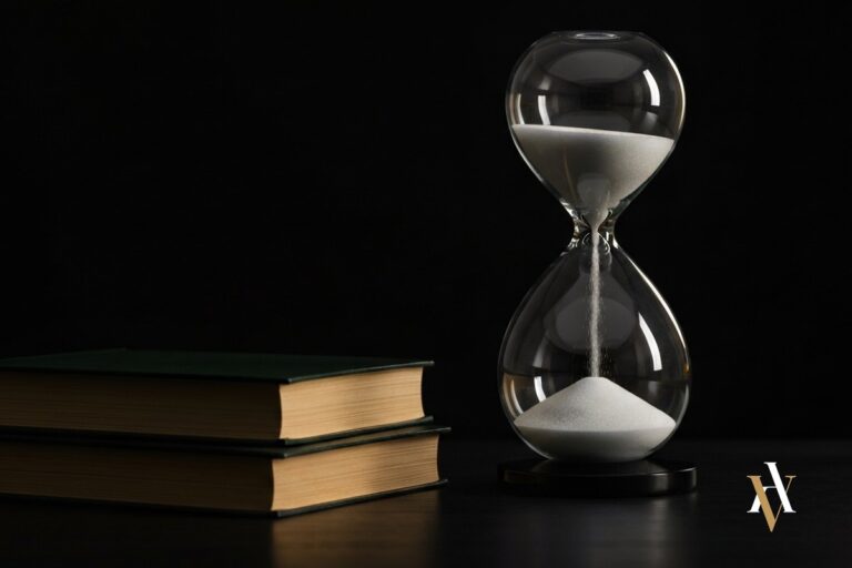 Reloj de arena junto a libros de derecho: los plazos de prescripción de los delitos sexuales