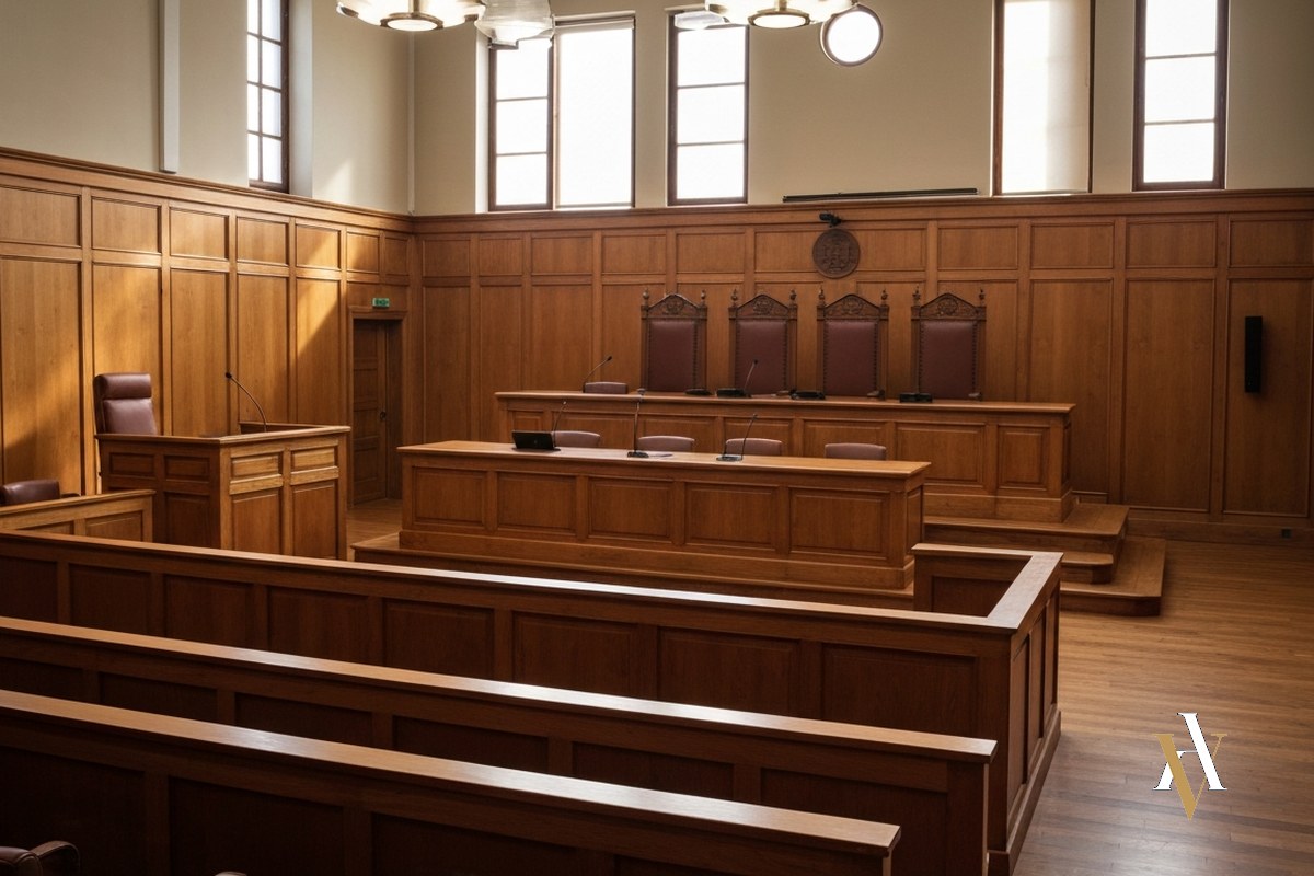 El juicio por agresión sexual de alta intensidad Sala de vistas vacía con el estrado del tribunal donde se enjuicia una agresión sexual grave