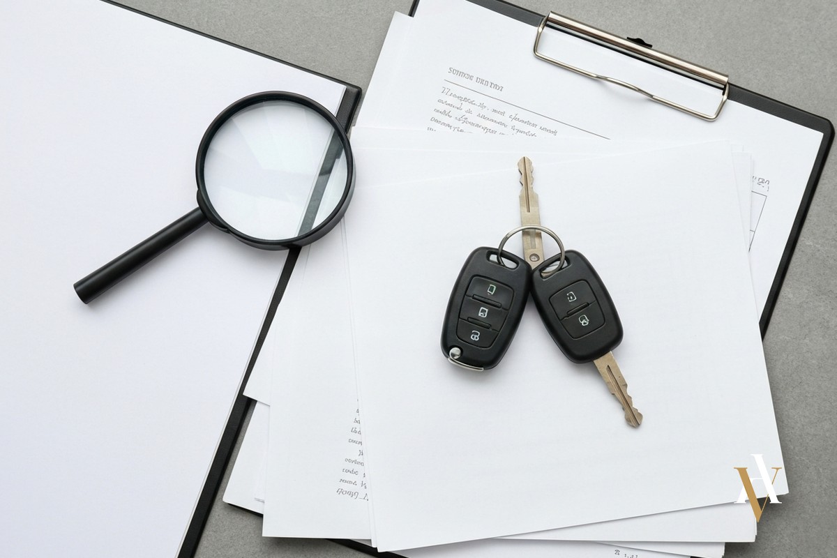 Llaves de coche y documentos, concepto de decomiso de bienes Llaves de coche y documentos, concepto de decomiso de bienes