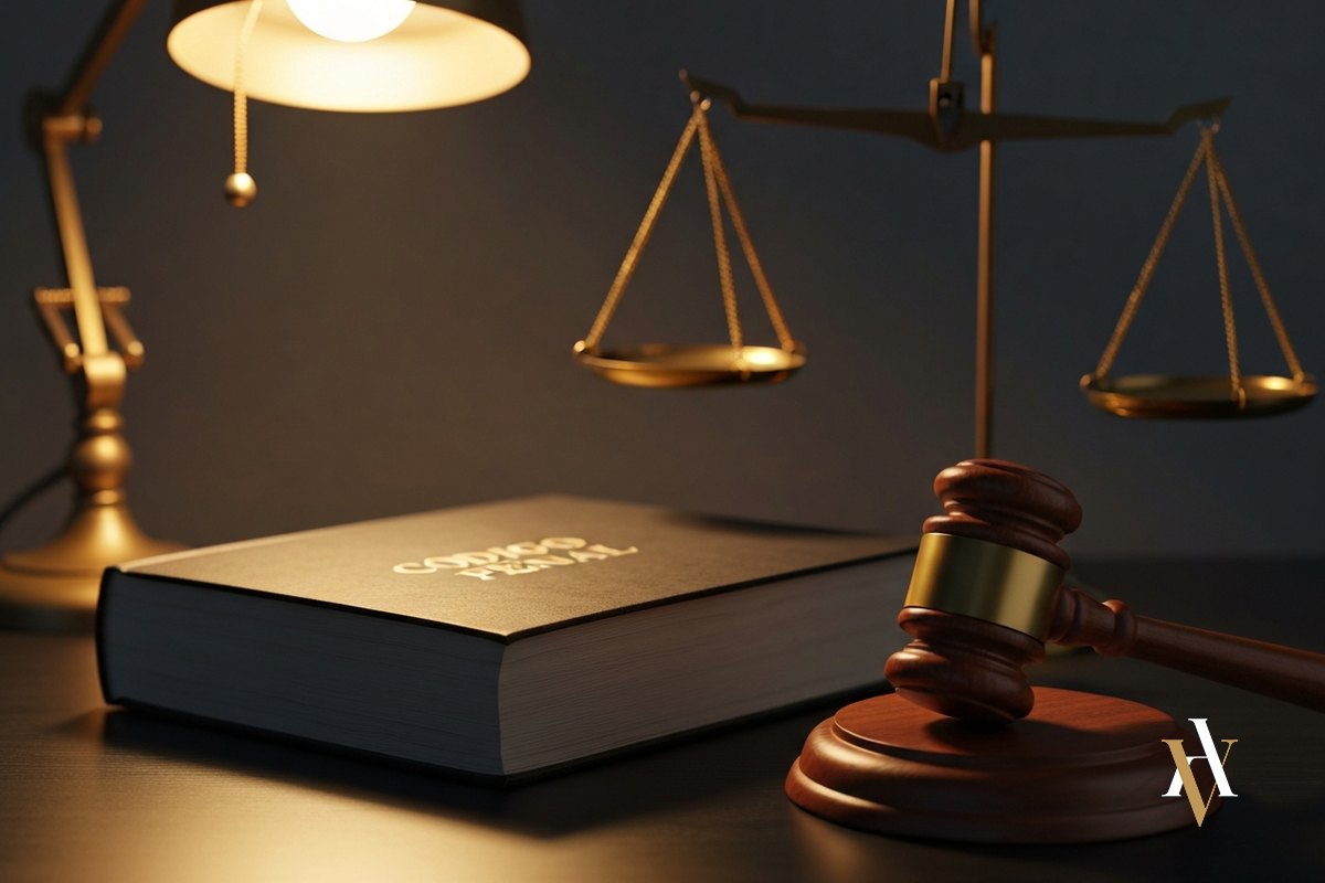 Codigo Penal espanol y mazo sobre mesa de despacho de abogado penalista Codigo Penal espanol y mazo sobre mesa de despacho de abogado penalista