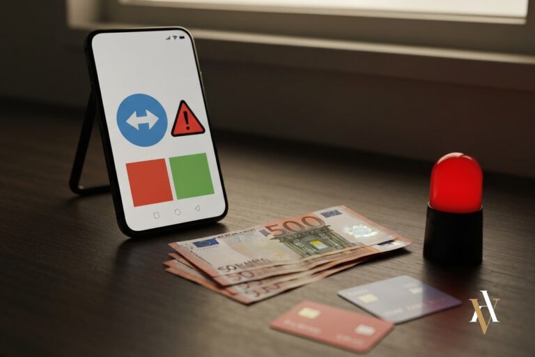 estafa por transferencia bancaria movil con flecha de envio y alerta junto a billetes y tarjeta