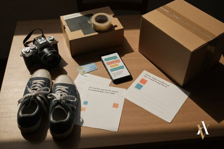 estafa en wallapop articulo de segunda mano y caja de envio junto a movil de negociacion