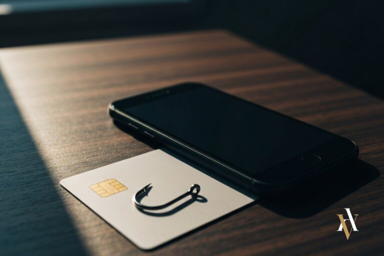 estafas online phishing tarjeta bancaria y anzuelo sobre escritorio