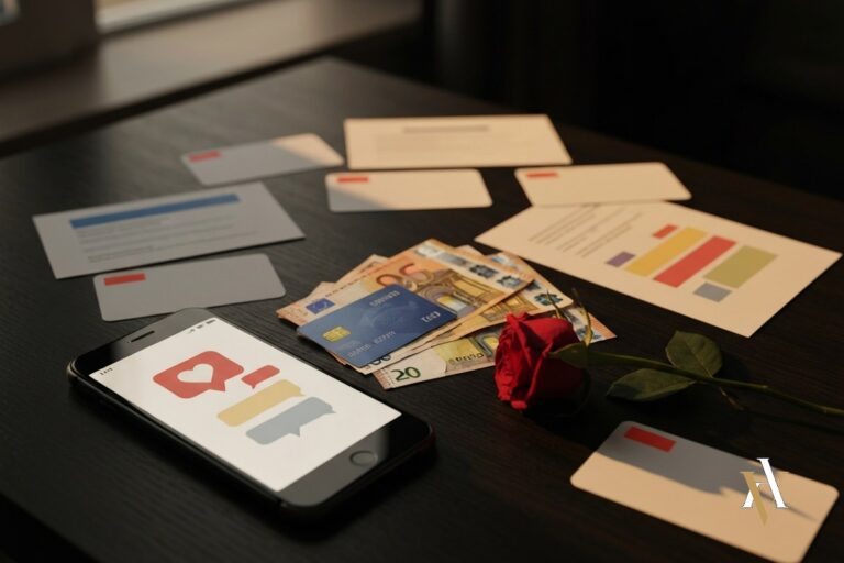 estafa amorosa chat de app de citas en movil con billetes tarjeta y rosa marchita