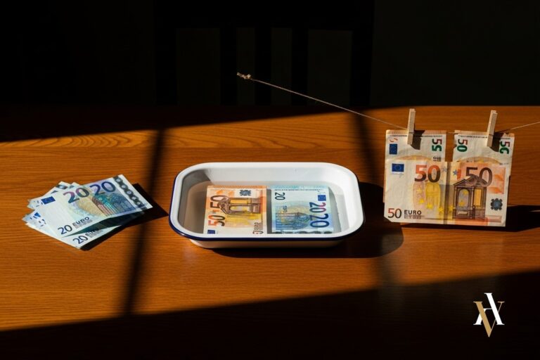 Las tres fases del blanqueo de capitales: billetes de euro apilados, en remojo en una bandeja y tendidos a secar