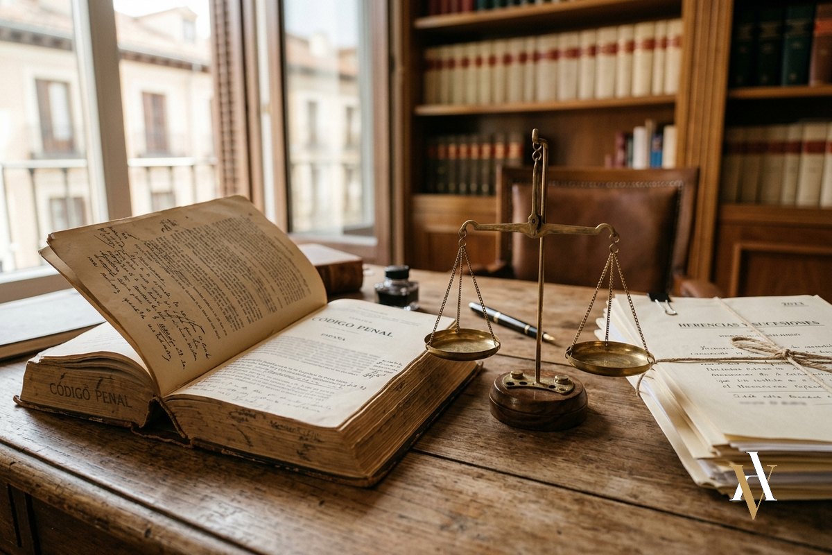Articulo 268 del Codigo Penal y excusa absolutoria entre familiares Codigo Penal abierto junto a documentos de herencia sobre la mesa de un despacho penalista