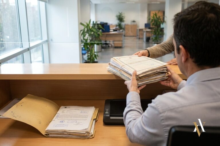 Expediente administrativo con documentos aportados por un particular en una oficina publica luminosa