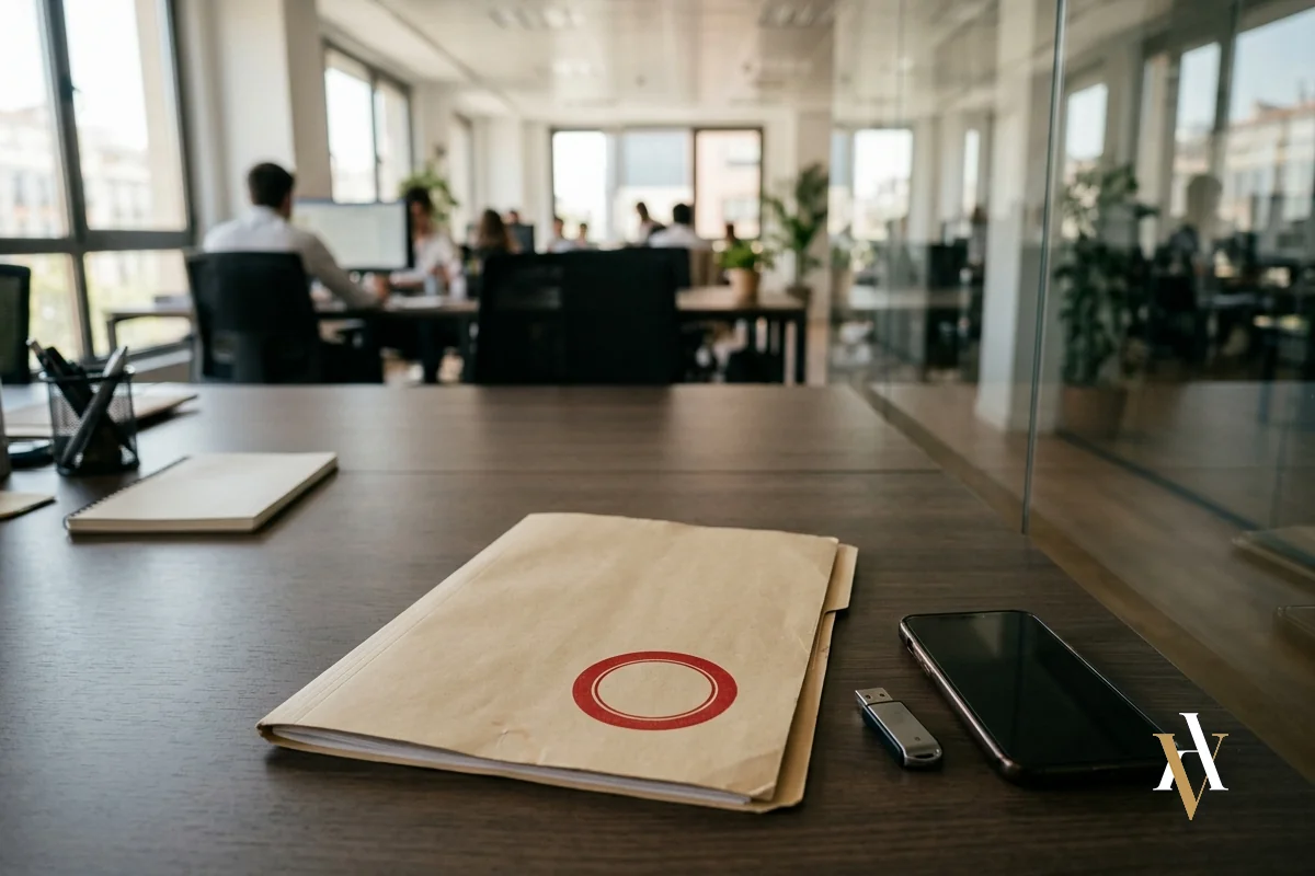 Revelacion de secretos de empresa Carpeta confidencial, memoria USB y movil en una oficina, revelacion de secretos de empresa por un trabajador